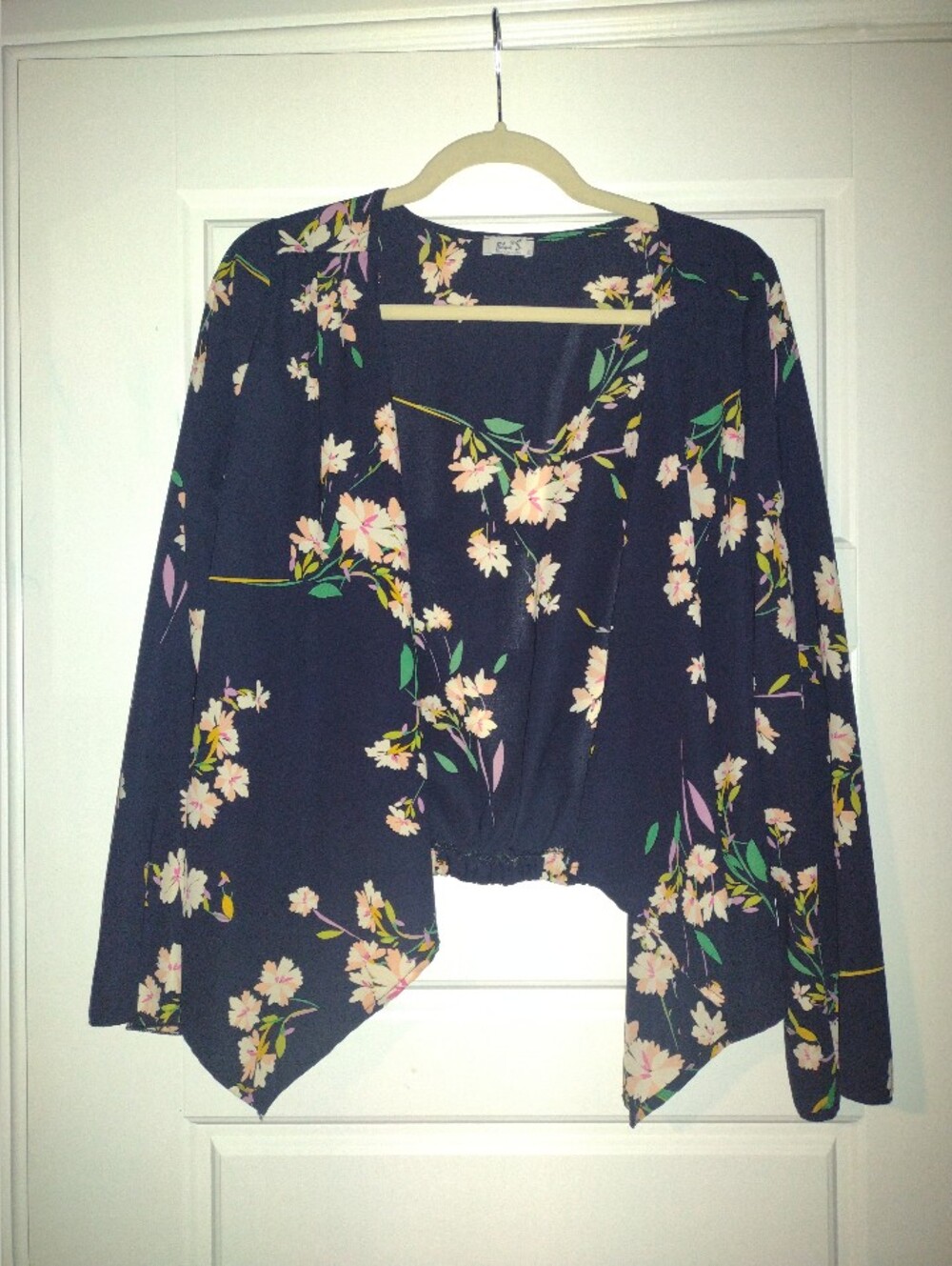 Blue S Navy Floral Open-Front Kimono
